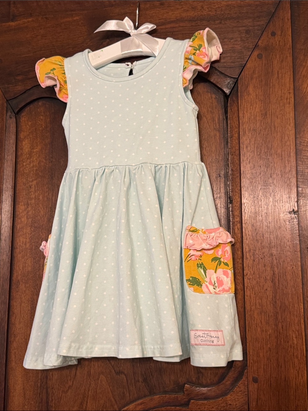 Sweet Honey sea-foam green Polka Dot Dress with Floral Pockets